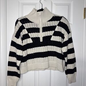 A New Day Striped Half-Zip Sweater | Size L | Black & Cream Coastal Grandma
